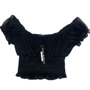 NWT Miss Behave Black Raya Smocked Waist Off-Shoulder Cropped Top 14